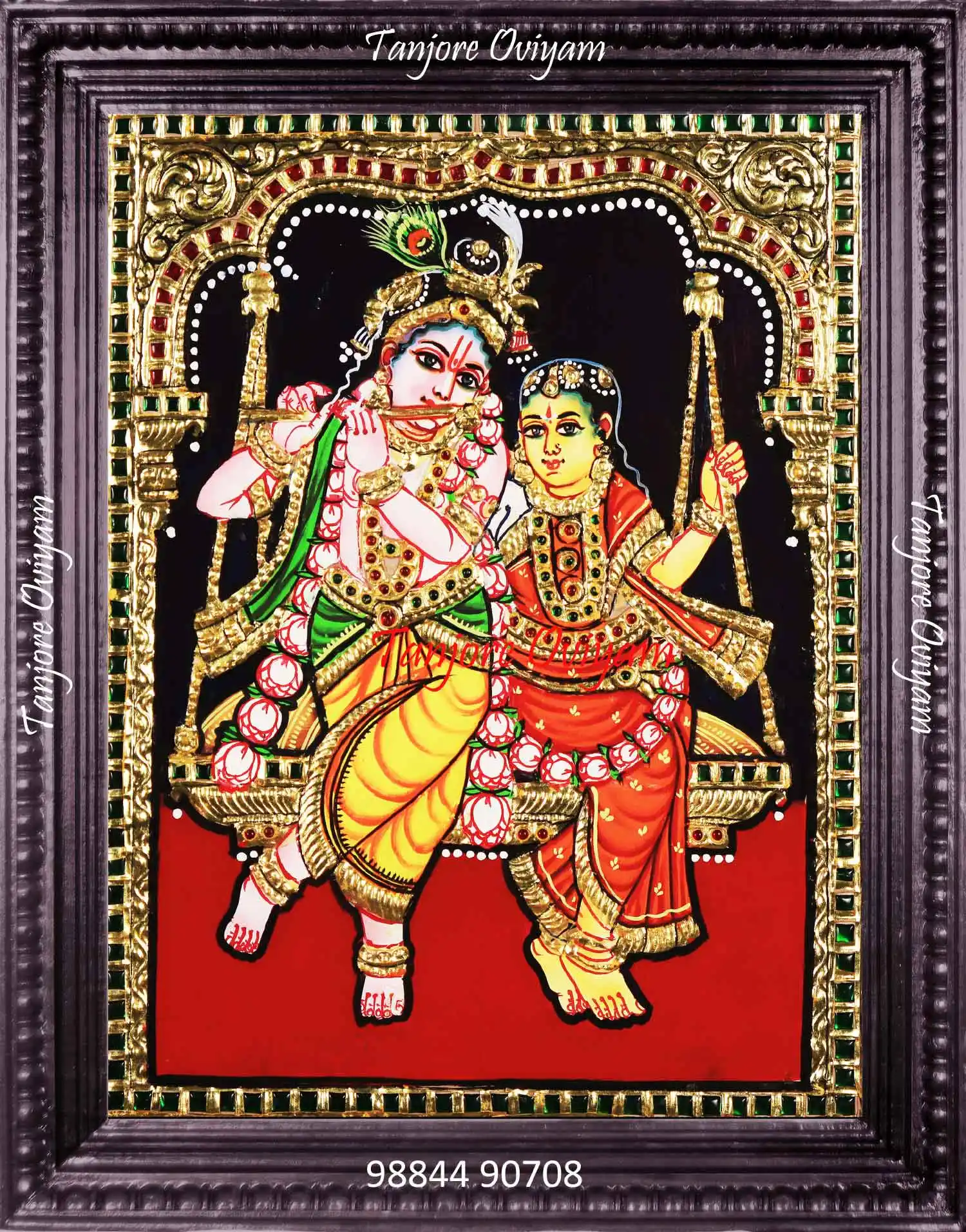 Unjal Radhakrishna Tanjore painting with flute pose, gold and traditional swing design